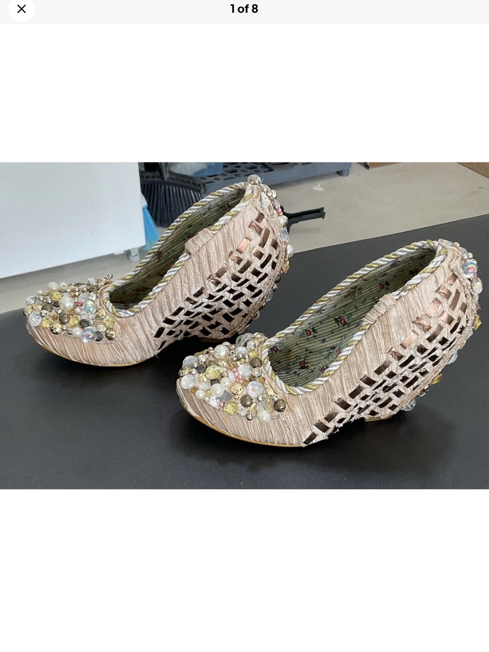 RARE Archival Irregular Choice “Disco Pants” Woven Pearl Gem Heels SZ 6.5